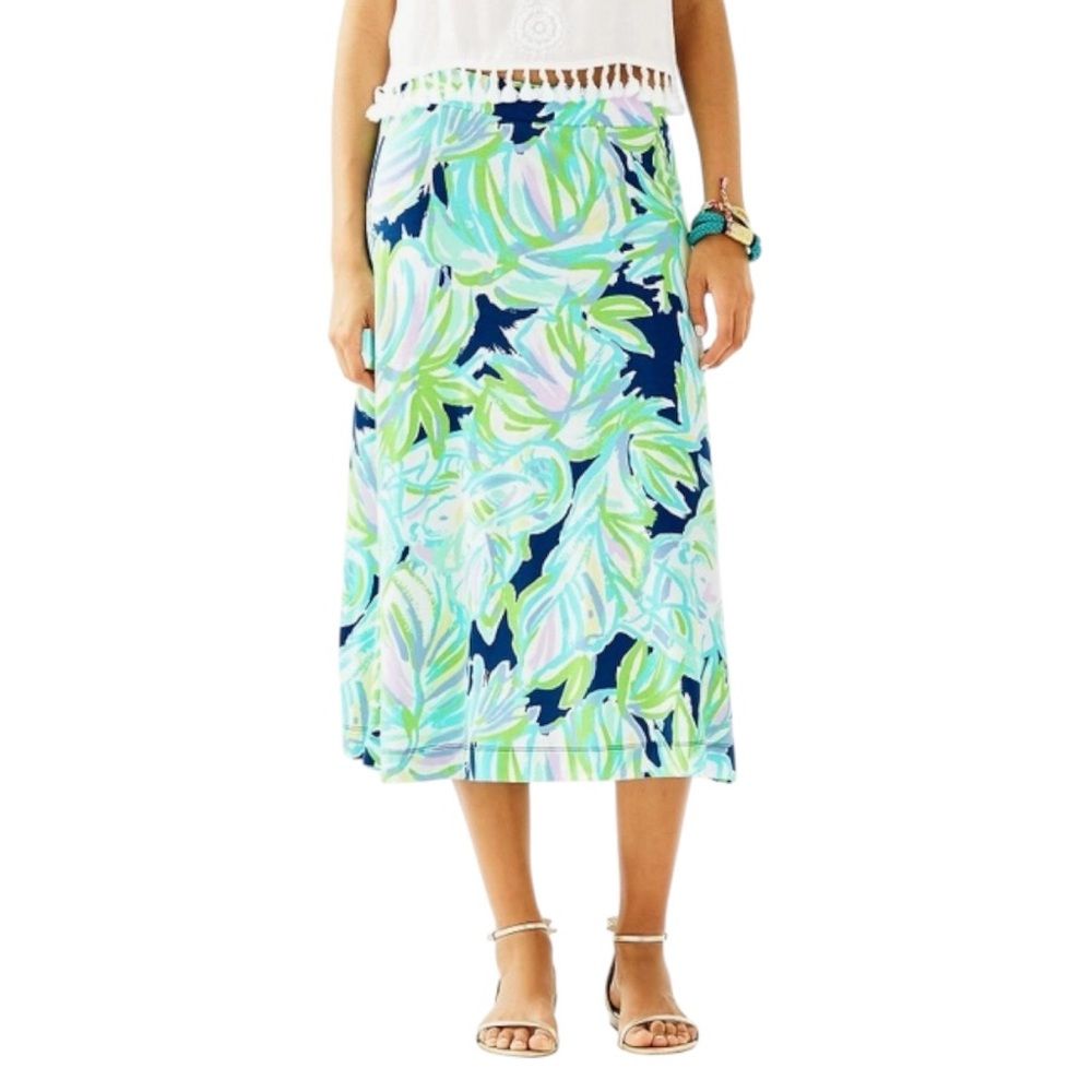Lilly Pulitzer Shia Midi Skirt Women’s Medium Navy Floral Stretch